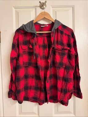SO Red and Black Plaid Hooded Flannel Jacket